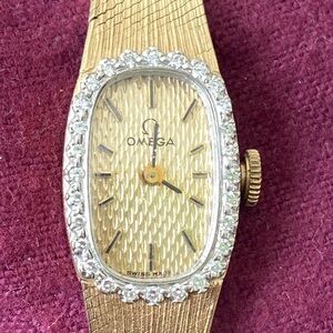 Vintage Ladies Omega 14k Gold Watch with Diamond Bezel and Textured Band